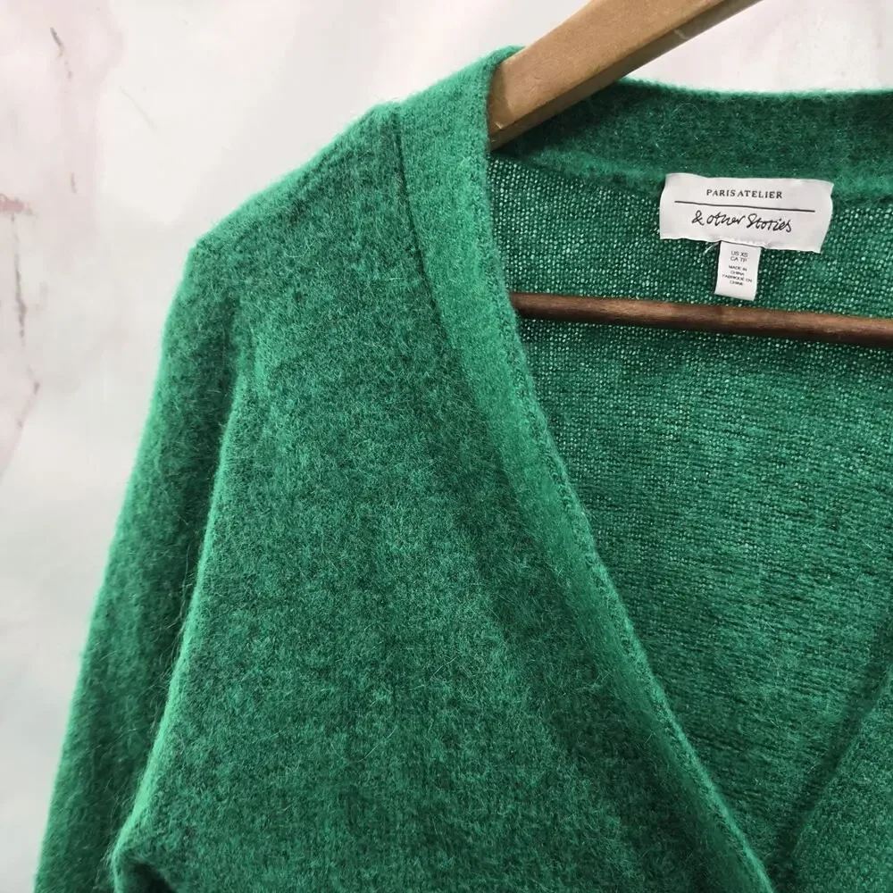 & Other Stories Sweater Womens XS Green Cardigan Dolphin Wool Mohair Kelly - Picture 2 of 12